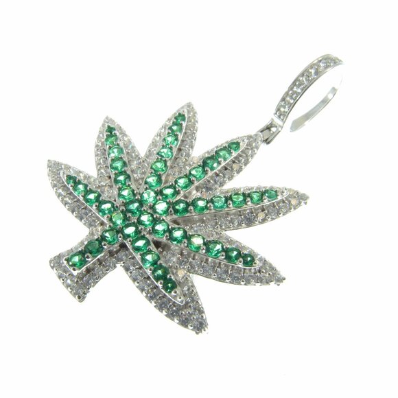 Solid 925 Sterling Silver and Rhodium Plated Cannibus Leaf Weed Pendant Hip Hop - Picture 7 of 9